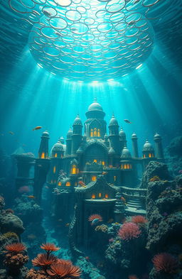 A stunning underwater city resembling Atlantis, filled with intricate architecture made of coral and stone, vibrant marine life swimming amongst the structures, illuminating lights from within the buildings casting a mystical glow
