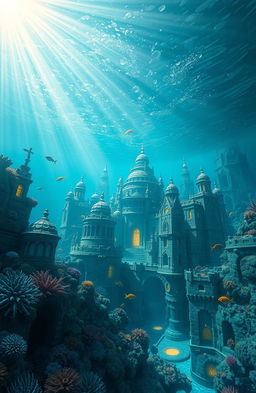 A stunning underwater city resembling Atlantis, filled with intricate architecture made of coral and stone, vibrant marine life swimming amongst the structures, illuminating lights from within the buildings casting a mystical glow
