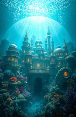 A stunning underwater city resembling Atlantis, filled with intricate architecture made of coral and stone, vibrant marine life swimming amongst the structures, illuminating lights from within the buildings casting a mystical glow