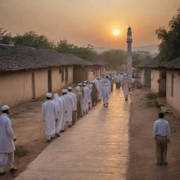 Alter the village scene to reflect the end of prayers as villagers exit the mosque, dispersing along the paths which lead to their respective homes under the warm glow of the setting sun.