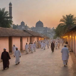 Alter the village scene to reflect the end of prayers as villagers exit the mosque, dispersing along the paths which lead to their respective homes under the warm glow of the setting sun.