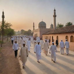 Alter the village scene to reflect the end of prayers as villagers exit the mosque, dispersing along the paths which lead to their respective homes under the warm glow of the setting sun.