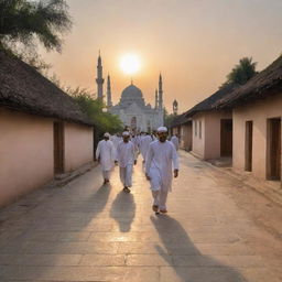 Alter the village scene to reflect the end of prayers as villagers exit the mosque, dispersing along the paths which lead to their respective homes under the warm glow of the setting sun.