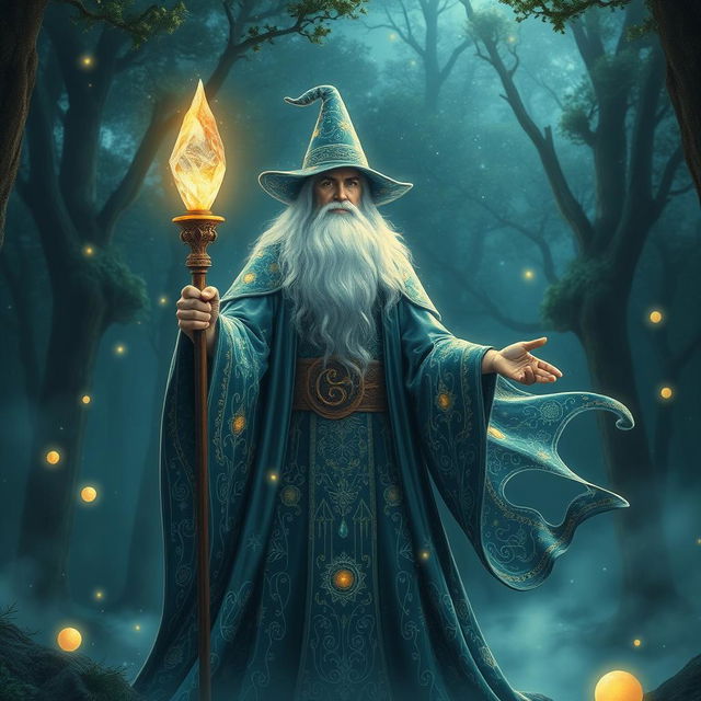 A majestic wizard holding a staff, adorned in flowing, starry robes that shimmer like the night sky