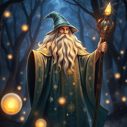 A majestic wizard holding a staff, adorned in flowing, starry robes that shimmer like the night sky
