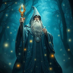 A majestic wizard holding a staff, adorned in flowing, starry robes that shimmer like the night sky
