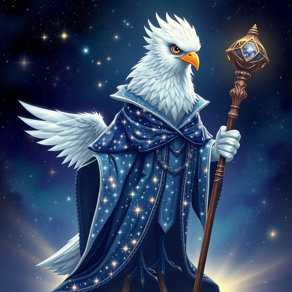 A majestic white bird wizard adorned in shimmering starry robes, standing confidently with a beautifully crafted staff in its wing