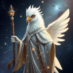 A majestic white bird wizard adorned in shimmering starry robes, standing confidently with a beautifully crafted staff in its wing