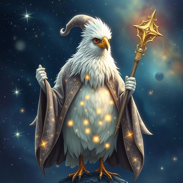 A majestic white bird wizard adorned in shimmering starry robes, standing confidently with a beautifully crafted staff in its wing