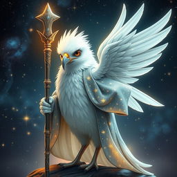 A majestic white bird wizard adorned in shimmering starry robes, standing confidently with a beautifully crafted staff in its wing
