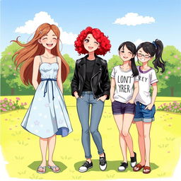 A vibrant illustration of three young women standing together, each with their own unique style