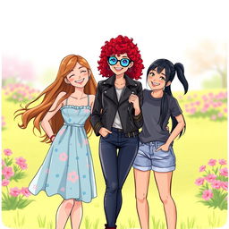 A vibrant illustration of three young women standing together, each with their own unique style