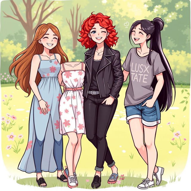 A vibrant illustration of three young women standing together, each with their own unique style