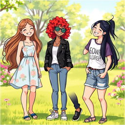 A vibrant illustration of three young women standing together, each with their own unique style