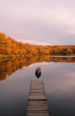 A serene autumn landscape featuring a tranquil lake surrounded by colorful trees in shades of orange, yellow, and red