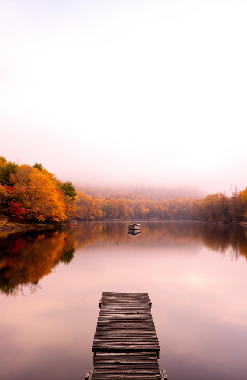 A serene autumn landscape featuring a tranquil lake surrounded by colorful trees in shades of orange, yellow, and red