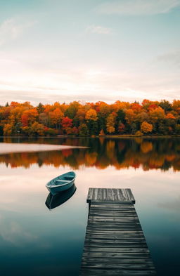 A serene autumn landscape featuring a tranquil lake surrounded by colorful trees in shades of orange, yellow, and red