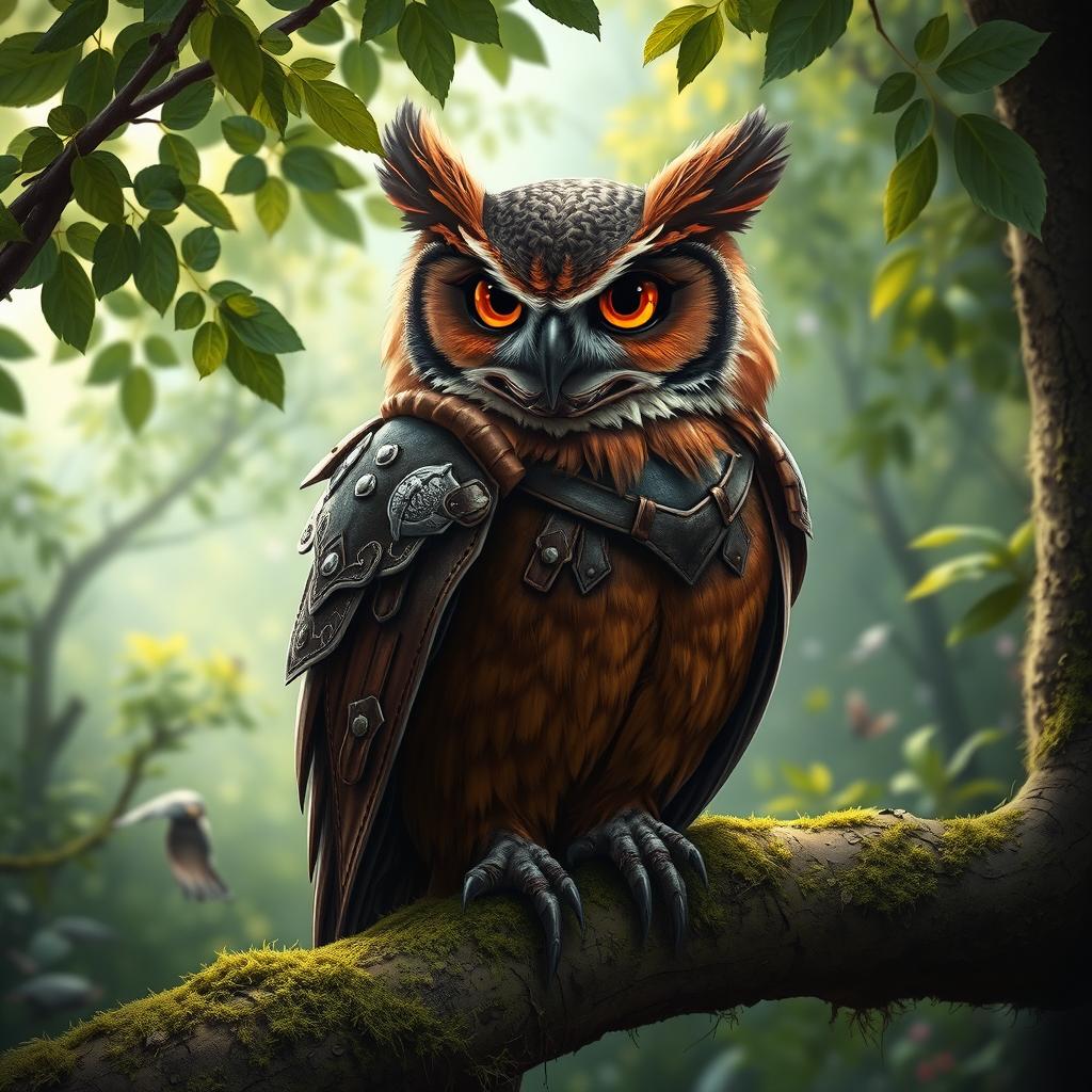 A majestic brown owl depicted as a rogue, adorned in intricately designed leather armor that complements its natural feathers