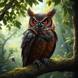 A majestic brown owl depicted as a rogue, adorned in intricately designed leather armor that complements its natural feathers