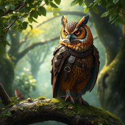 A majestic brown owl depicted as a rogue, adorned in intricately designed leather armor that complements its natural feathers