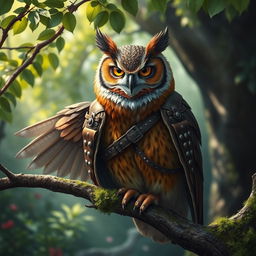 A majestic brown owl depicted as a rogue, adorned in intricately designed leather armor that complements its natural feathers