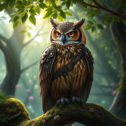 A majestic brown owl depicted as a rogue, adorned in intricately designed leather armor that complements its natural feathers