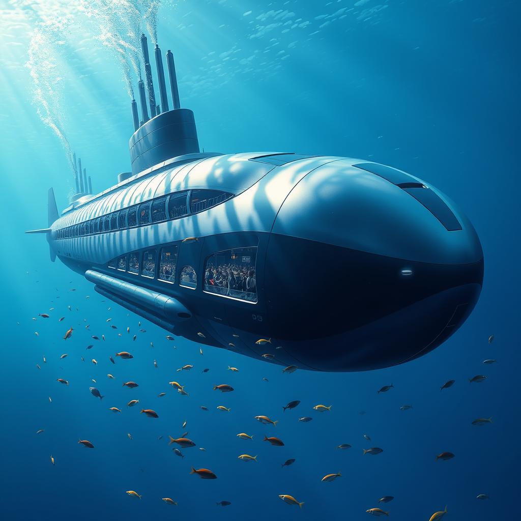 A colossal submarine ship submerged deep under the sea, designed to accommodate hundreds of people