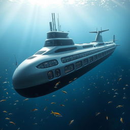 A colossal submarine ship submerged deep under the sea, designed to accommodate hundreds of people