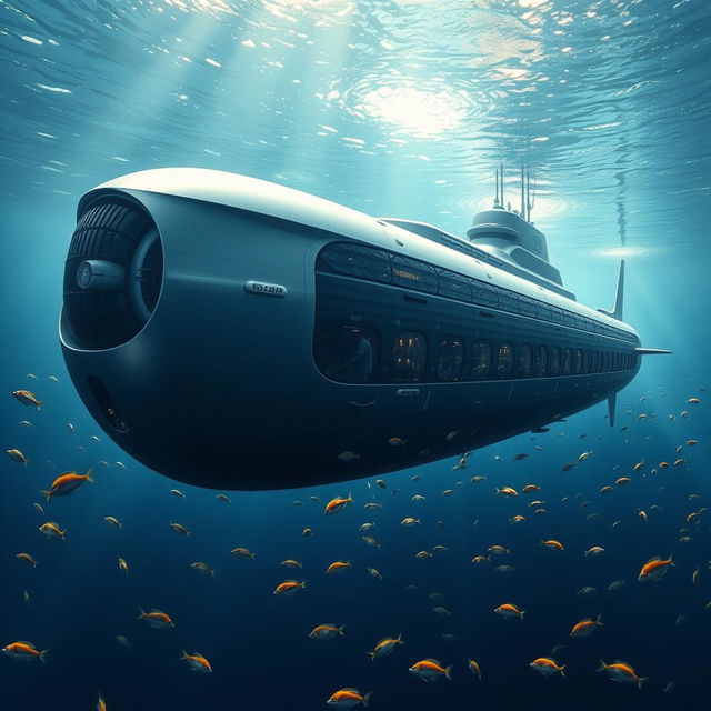 A colossal submarine ship submerged deep under the sea, designed to accommodate hundreds of people