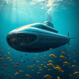 A colossal submarine ship submerged deep under the sea, designed to accommodate hundreds of people