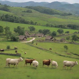 Visualize the tranquil village afresh, capturing the villagers returning home, and now incorporate several farm animals serenely grazing in the green fields adding life and vitality to this pastoral setting.