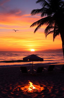 A breathtaking sunset over a tranquil beach, with vibrant colors of orange, pink, and purple blending in the sky