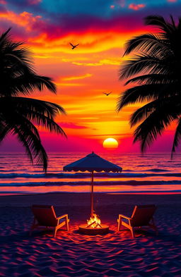 A breathtaking sunset over a tranquil beach, with vibrant colors of orange, pink, and purple blending in the sky