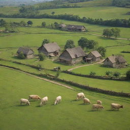 Visualize the tranquil village afresh, capturing the villagers returning home, and now incorporate several farm animals serenely grazing in the green fields adding life and vitality to this pastoral setting.