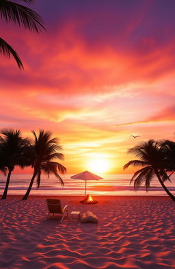 A breathtaking sunset over a tranquil beach, with vibrant colors of orange, pink, and purple blending in the sky