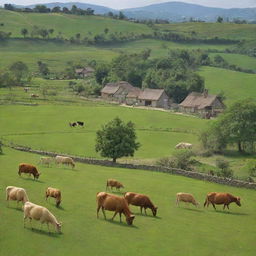 Visualize the tranquil village afresh, capturing the villagers returning home, and now incorporate several farm animals serenely grazing in the green fields adding life and vitality to this pastoral setting.