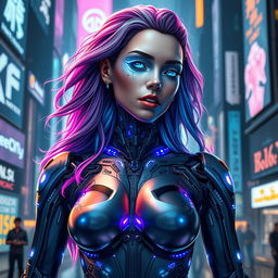 A stunning cyborg woman with a futuristic design, featuring sleek metallic limbs and intricate circuit patterns glowing with blue and purple lights