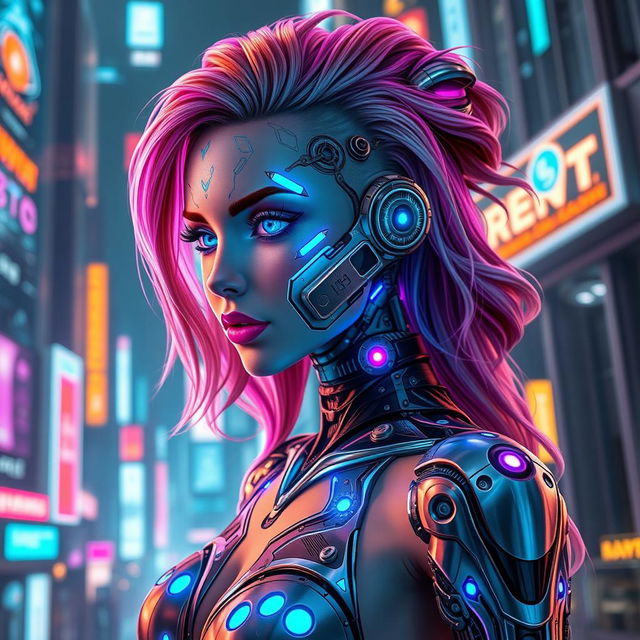 A stunning cyborg woman with a futuristic design, featuring sleek metallic limbs and intricate circuit patterns glowing with blue and purple lights