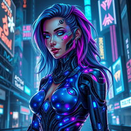 A stunning cyborg woman with a futuristic design, featuring sleek metallic limbs and intricate circuit patterns glowing with blue and purple lights