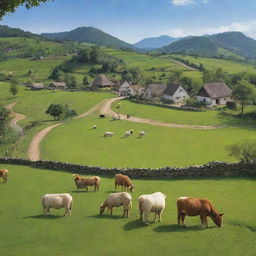 Visualize the tranquil village afresh, capturing the villagers returning home, and now incorporate several farm animals serenely grazing in the green fields adding life and vitality to this pastoral setting.