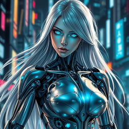 A stunning cyborg woman with intricate mechanical details seamlessly integrated into her body