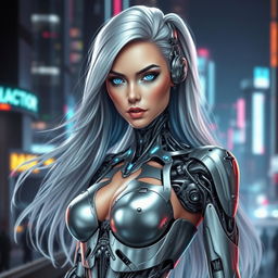 A stunning cyborg woman with intricate mechanical details seamlessly integrated into her body