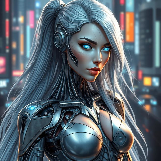 A stunning cyborg woman with intricate mechanical details seamlessly integrated into her body