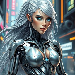 A stunning cyborg woman with intricate mechanical details seamlessly integrated into her body