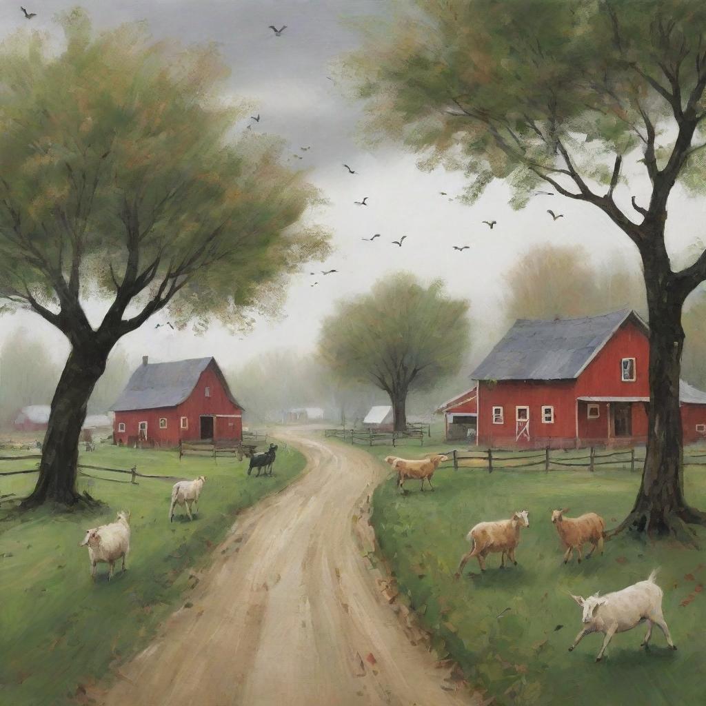 Revise the serene village image to depict an incoming gust of wind. Trees bend, leaves flurry in the air, while farm animals scamper for shelter, introducing a dynamic and dramatic element to the scene.