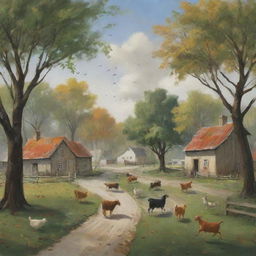 Revise the serene village image to depict an incoming gust of wind. Trees bend, leaves flurry in the air, while farm animals scamper for shelter, introducing a dynamic and dramatic element to the scene.