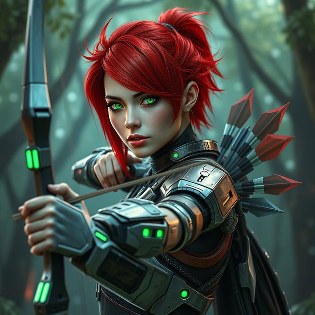 A striking cyborg woman with vibrant red hair, styled in a fierce and fashionable way