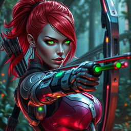 A striking cyborg woman with vibrant red hair, styled in a fierce and fashionable way