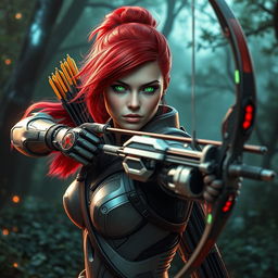 A striking cyborg woman with vibrant red hair, styled in a fierce and fashionable way