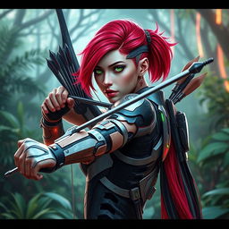 A striking cyborg woman with vibrant red hair, styled in a fierce and fashionable way
